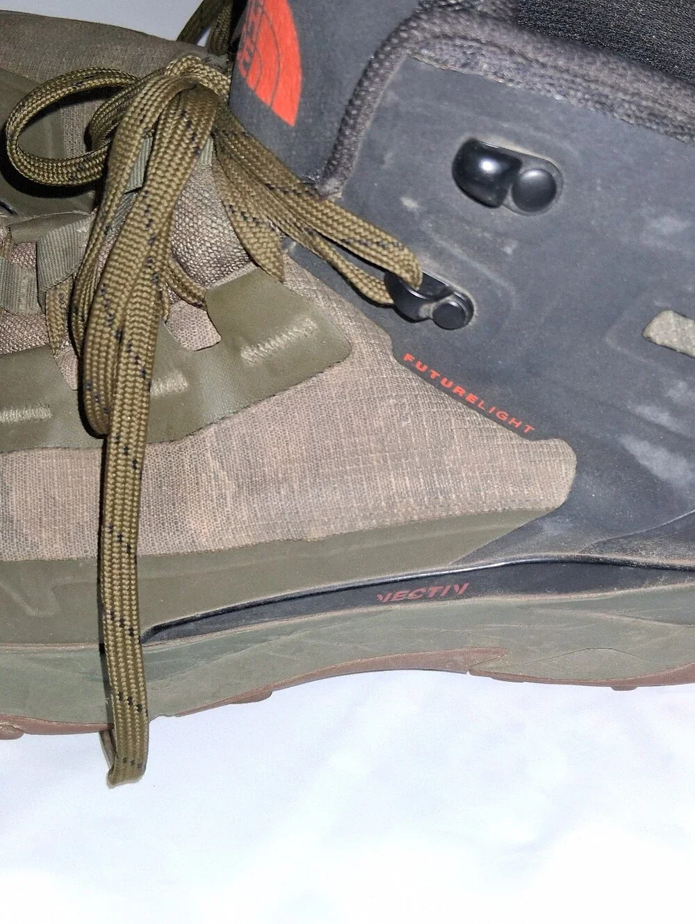 The North Face Olive Green Hiking Boots with Orange Logo Accents
